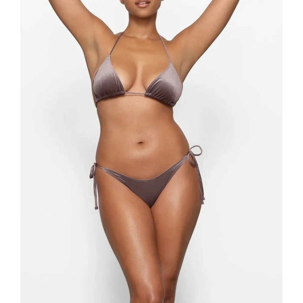 SKIMS Velvet Swim Bikini Set Taupe Umber Triangle Top XL Tie Side Bottom L Y2K
